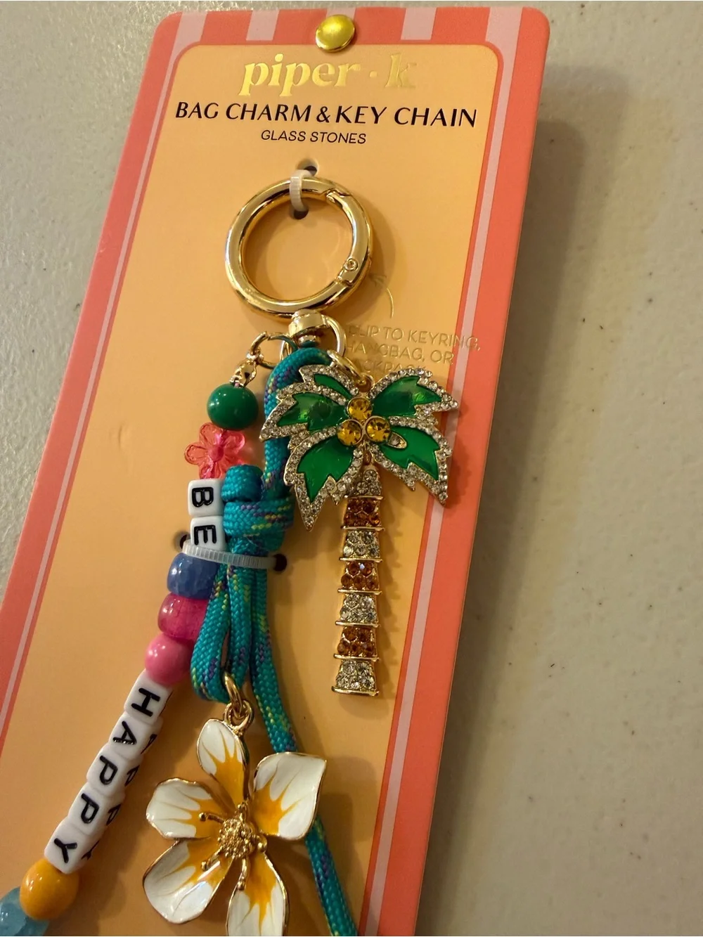 Piper K Palm Tree/Flower/“Be Happy” Bag Charm Key Chain - Multicolor - BRAND NEW